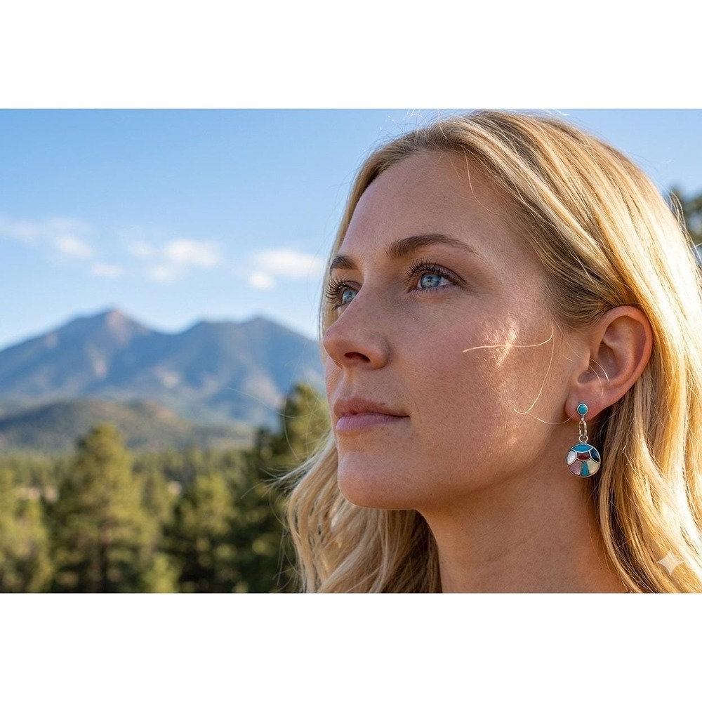 Zuni Inlay Dangle Earrings Native American Handmade Jewelry Southwest Style**
